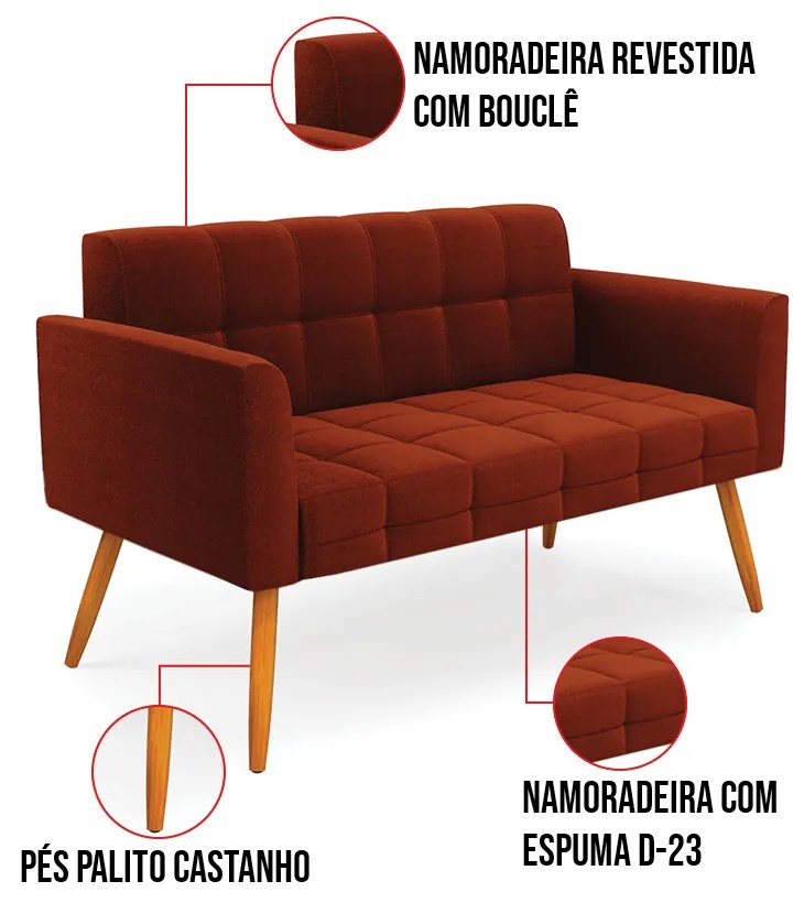 Namoradeira e 2 Poltronas Pé Palito Castanho Elisa Bouclê D03 - DRossi - Terra