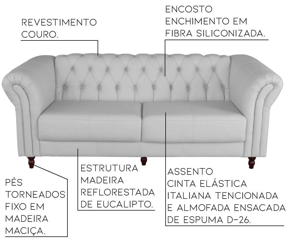 Sofá 3 Lugares Maggiore 220cm Couro Branco G58 - Gran Belo
