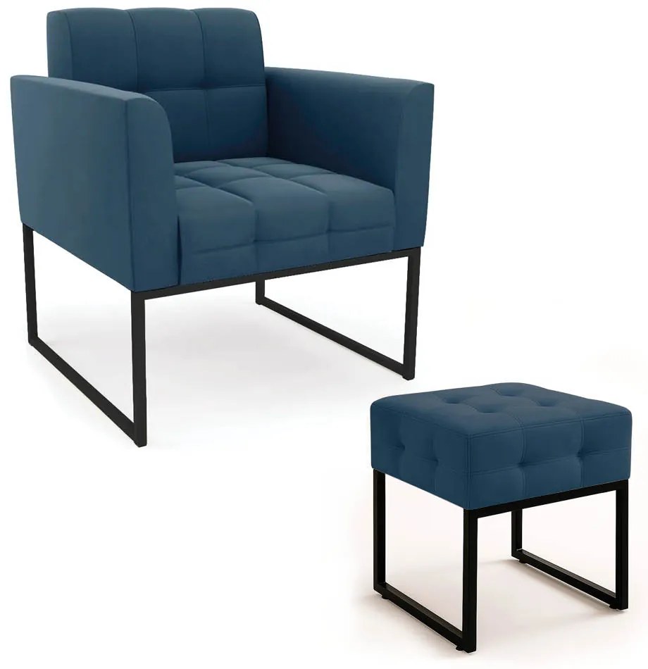 Poltrona Sala e Puff Decorativo Industrial Elisa Suede D03 - D'Rossi - Azul Marinho