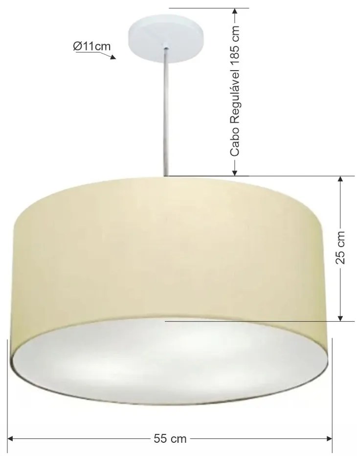 Lustre Pendente Cilíndrico Md-4214 Cúpula em Tecido 55x25cm Algodão Crú - Bivolt