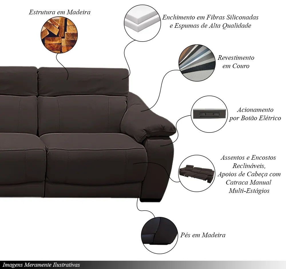 Sofá Elétrico Sala de Estar Reclinável Concepción U076 308cm Modulado Botão Elétrico Couro Marrom G49 - Idea Relax By Natuzzi Group