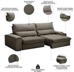Sofá Retrátil 4 Lugares com Porta Copo 280cm Andes F05 Veludo Marrom -