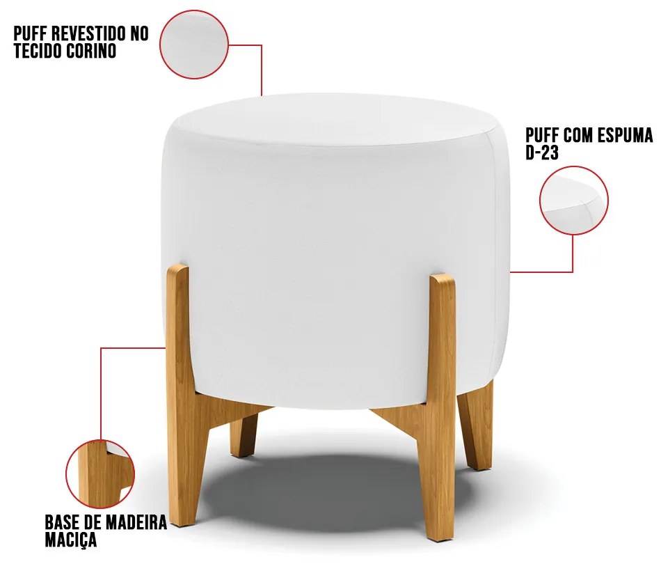 Puff Decorativo Stella Sintético Base Madeira Castanho D03 - D'Rossi - Branco