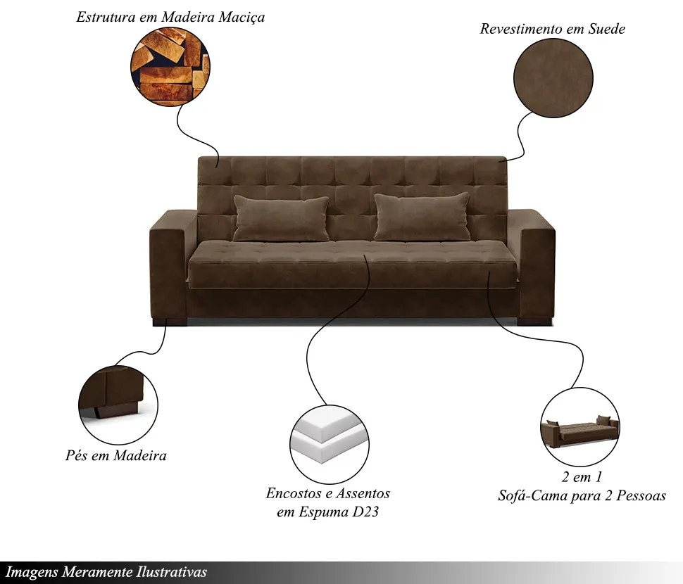 Sofá Cama Sala de Estar 210cm Beesley Suede Marrom G19 - Gran Belo