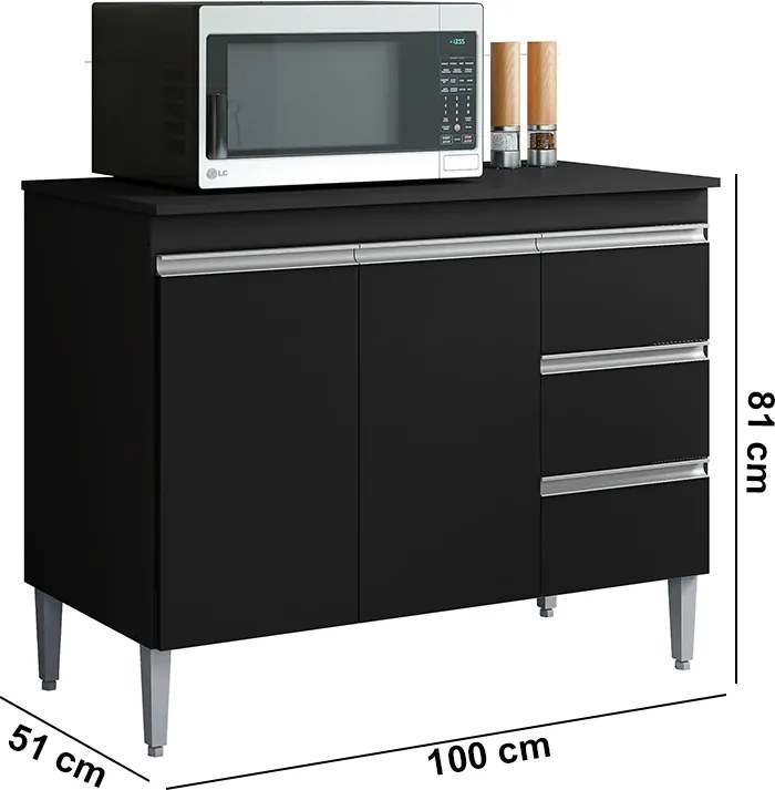 Balcão Cozinha com Tampo 100cm 3 Gavetas Leticia A01 - D'Rossi - Preto