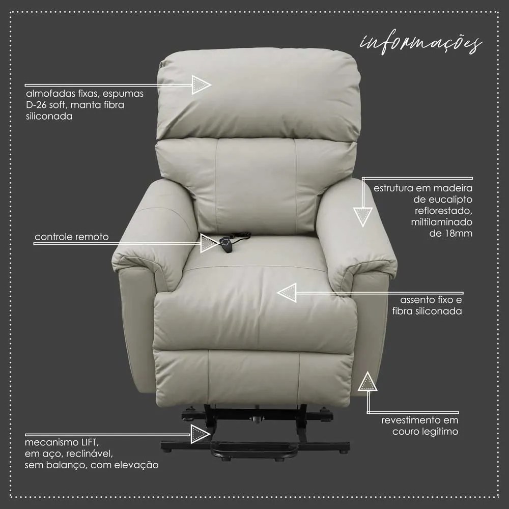 Poltrona do Papai Reclinável Elétrica com Controle Kyoto Lift Couro Off White G43 - Gran Belo