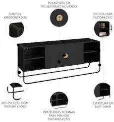 Rack Bancada Tv 65 Pol 150cm 2 Portas Mario Nero/Preto A10  - Mpozenat