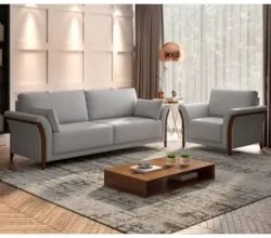 Kit Sofá Living 3 Lugares e Poltrona 102cm Pés Madeira Roya Z32 Linho
