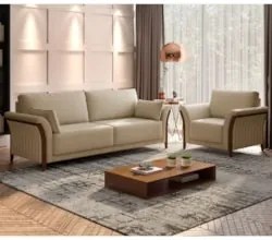 Kit Sofá Living 3 Lugares e Poltrona 102cm Pés Madeira Roya Z32 Linho