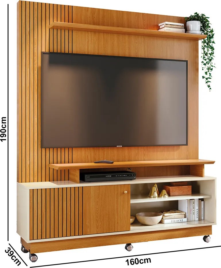 Estante de TV 65 Pol 160cm com Rodízio para Sala Quirel Cinamomo/Off White M20 - D'Rossi