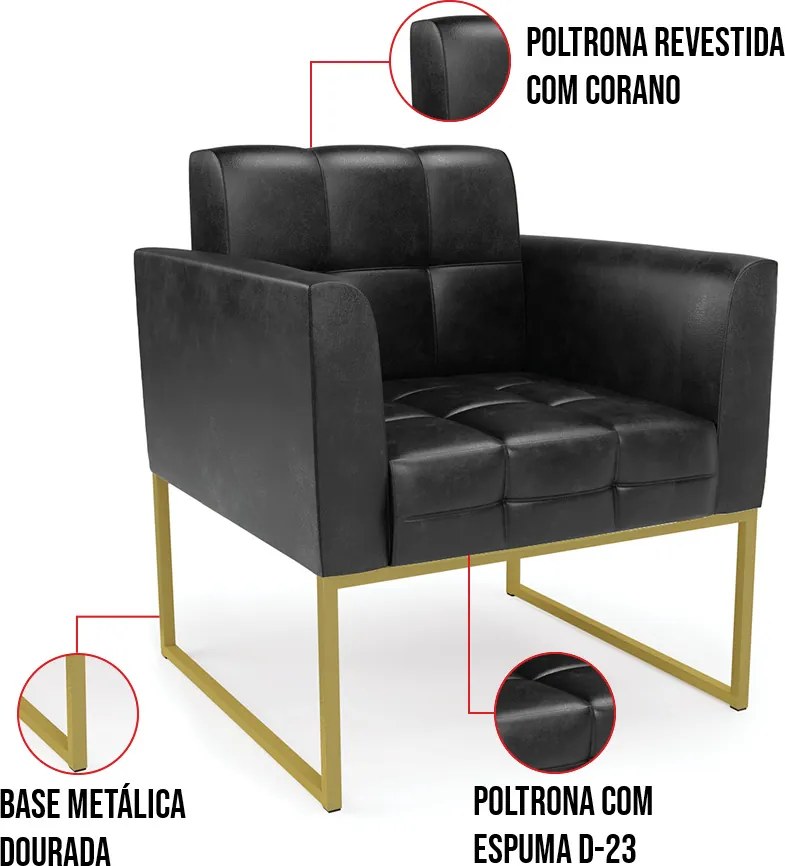 Kit 2 Poltronas Elisa Corano Base Metálica Industrial Dourado D03 - D'Rossi - Preto