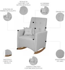 Poltrona Amamentação Base Madeira Balanço Lola Linho Cinza F03 - Mpoze