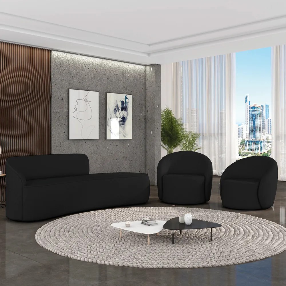 Sofá 4 Lugares Orgânico 220cm Morgan e 2 Poltronas Lua Linho D03 - D'Rossi - Preto