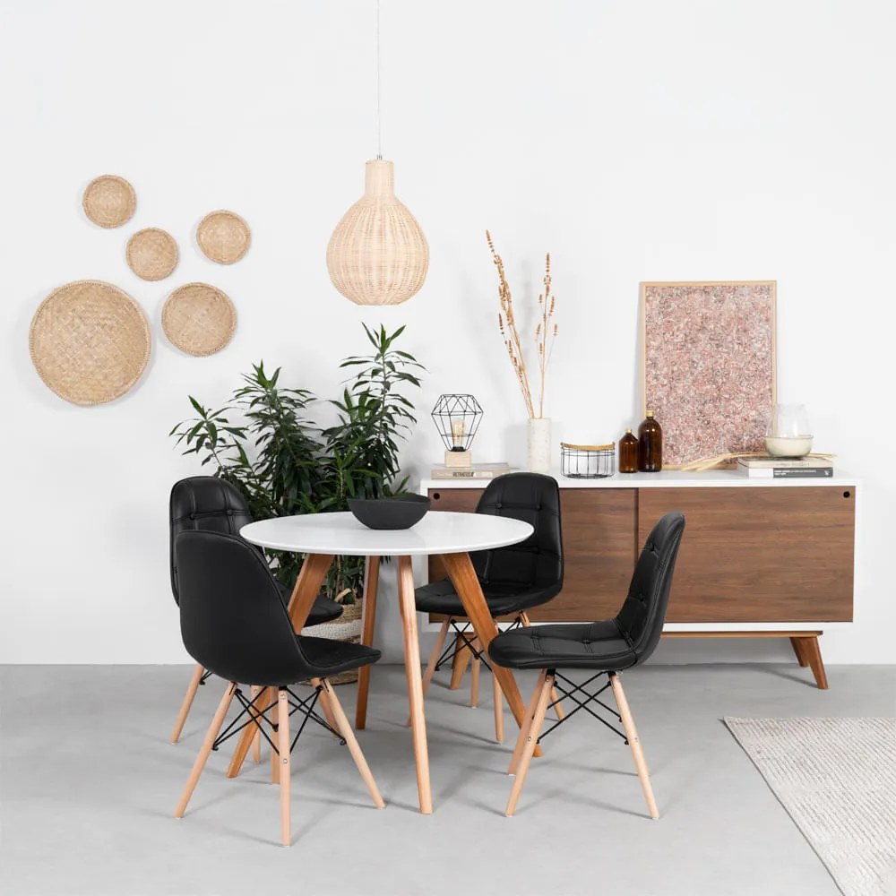 Conjunto Mesa Square Redonda Branco Fosco - 88cm + 4 Cadeiras Eiffel Botonê - Preto