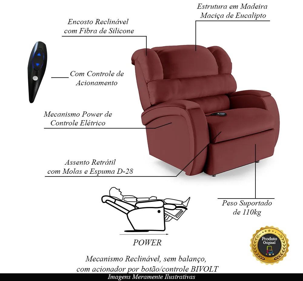 Poltrona do Papai Sala de Cinema Reclinável Kylie Controle Power Elétrico PU Vermelho G23