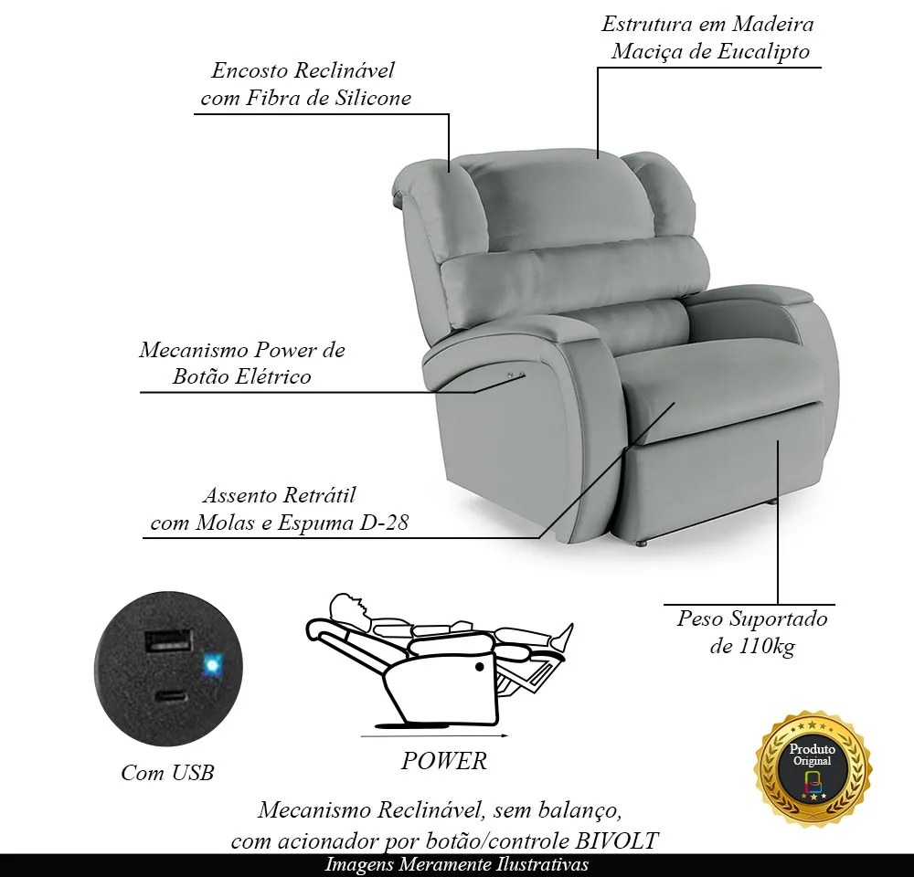 Poltrona do Papai Sala de Cinema Reclinável Kylie Power Touch USB PU Cinza G23
