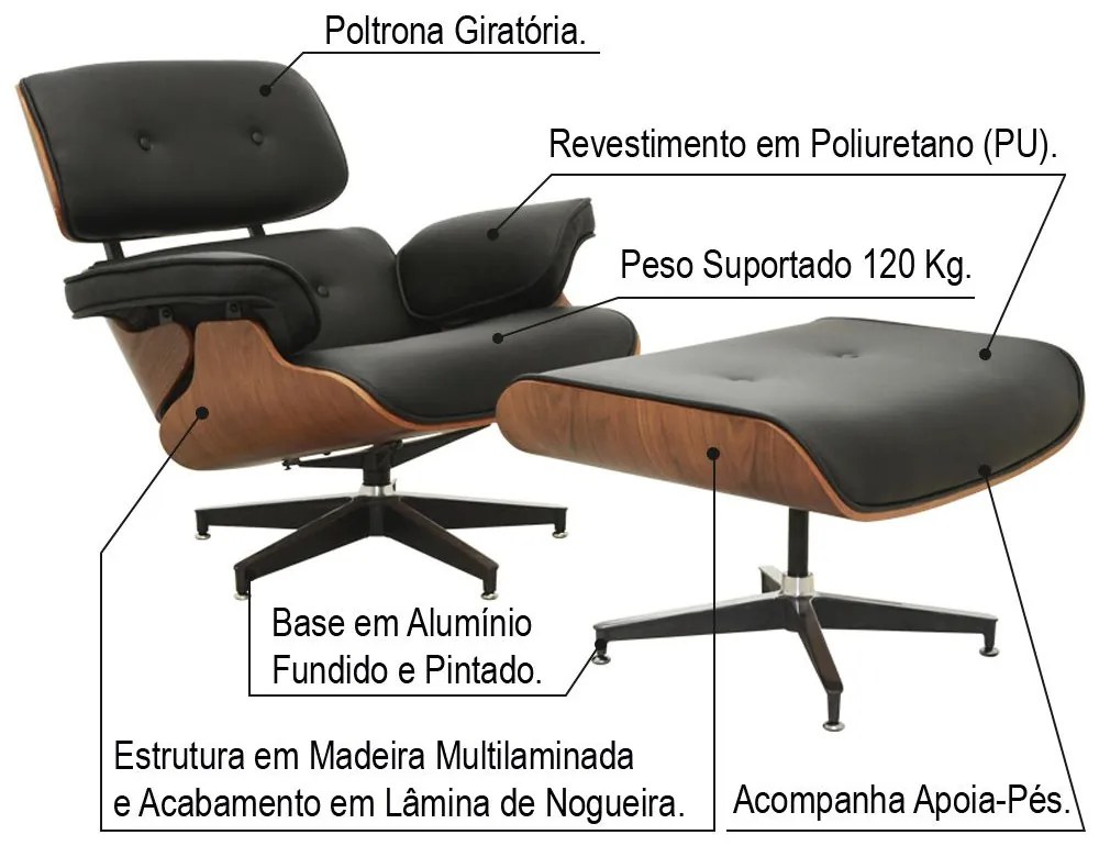 Poltrona Decorativa Sala de Estar Giratória com Apoia-pés Charles Eames PU Preto G56 - Gran Belo