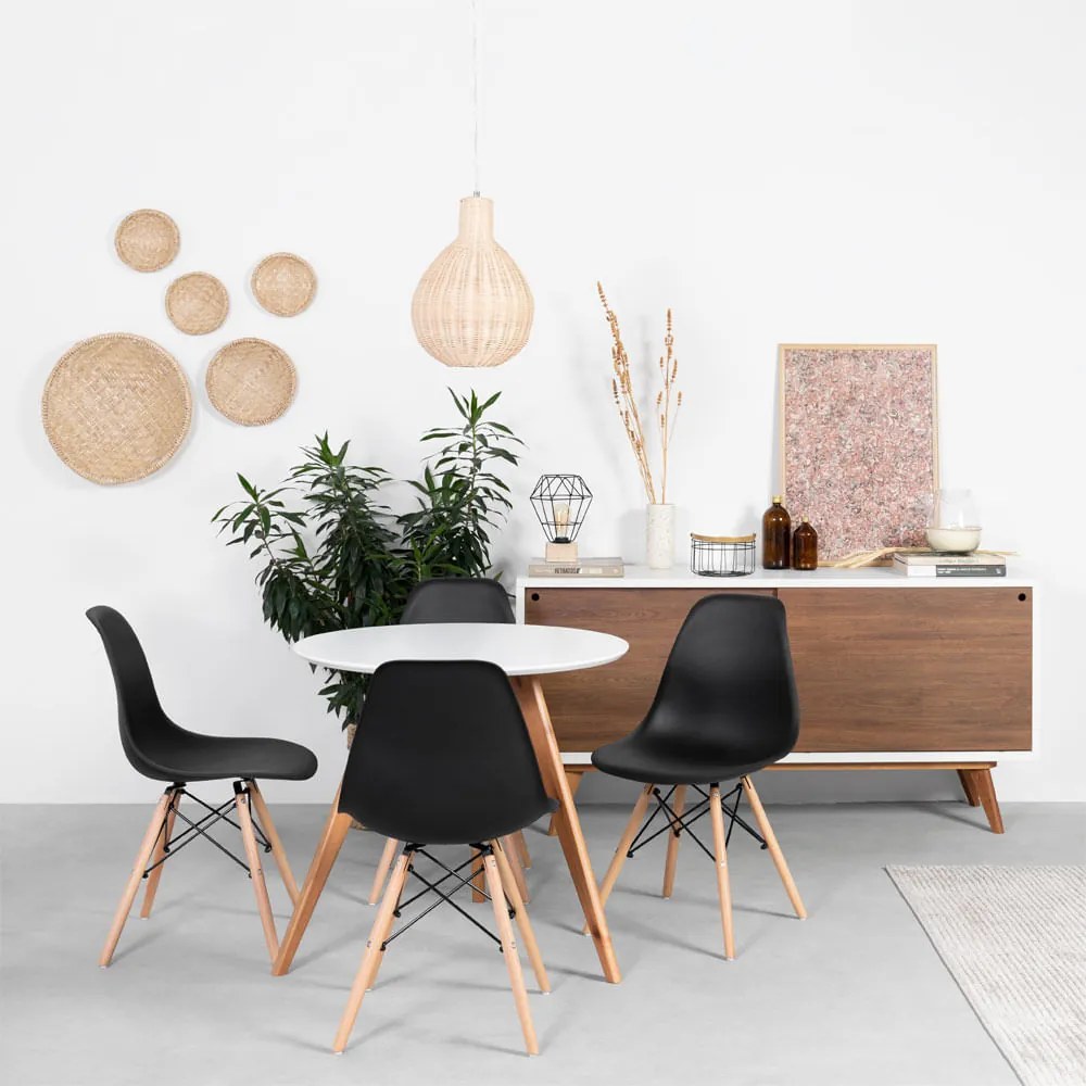 Conjunto Mesa Square Redonda 80cm Pés em Madeira Taeda + 4 Cadeiras Eiffel Preta