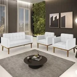 Sofá Namoradeira e 2 Poltronas Base Madeira Castanho Ana Sintético Bra