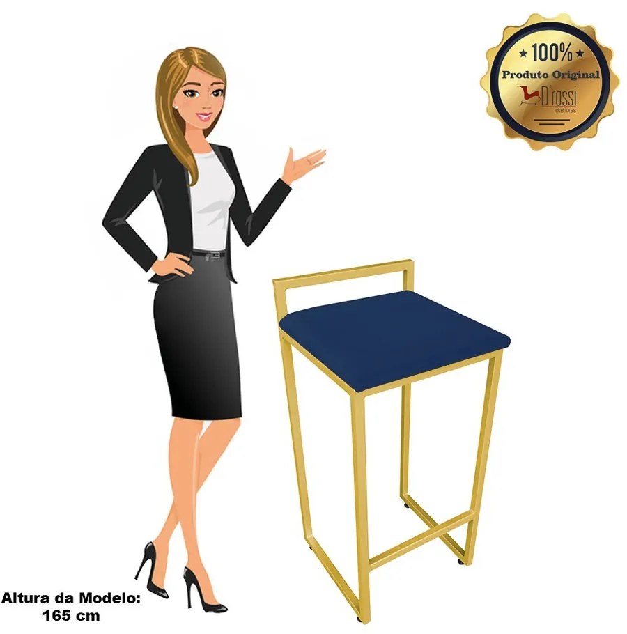 Banqueta Alta Lavínia Suede Azul Marinho Base Dourado D'Rossi