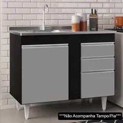 Balcão Gabinete 100cm Sem Tampo 2 Portas 2 Gavetas Luziania Preto/Cinz