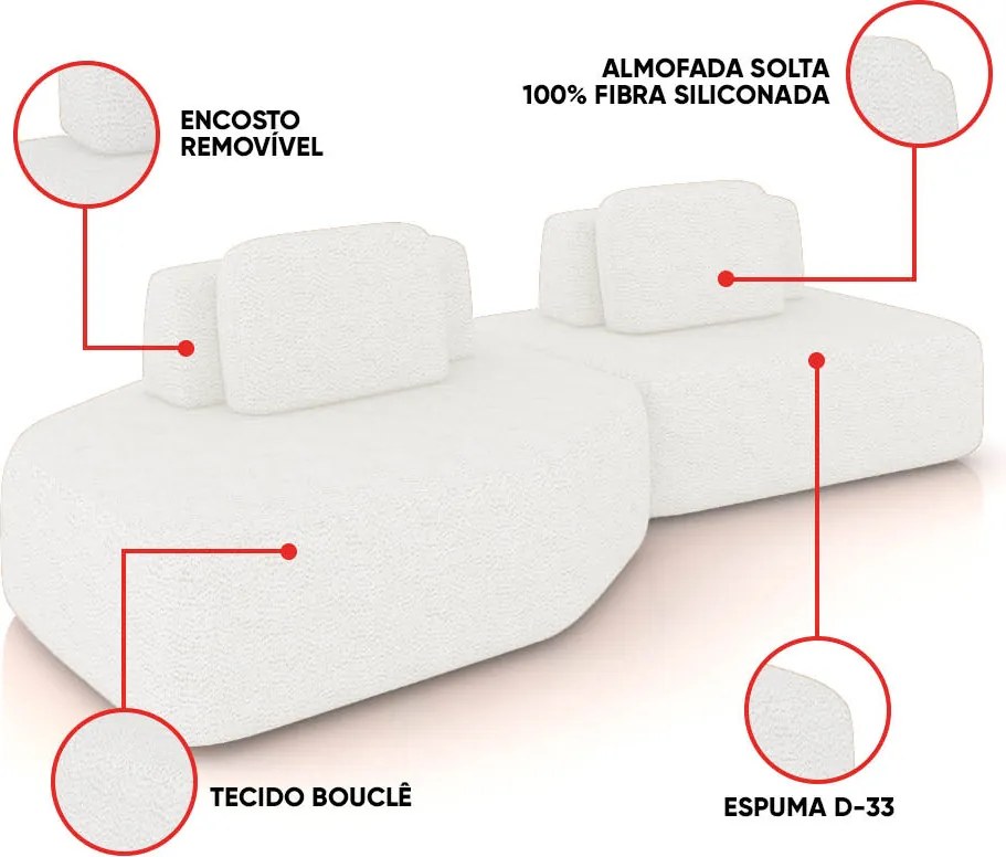 Sofá 2 Lugares Orgânico com Chaise e 1 Módulo Central Berlim Bouclê Off White K01 - D'Rossi