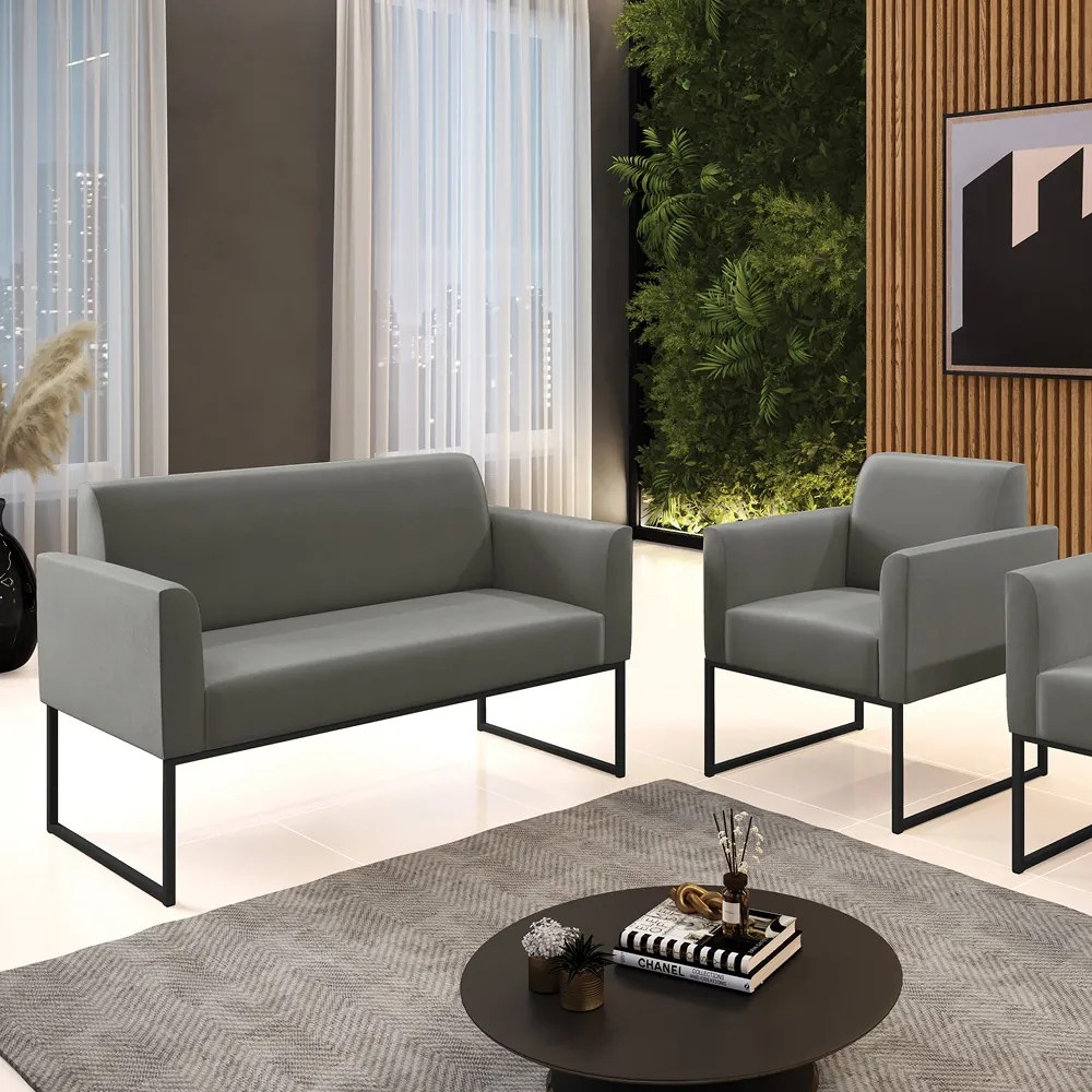 Sofá Namoradeira com Poltrona Base Industrial Preto Marisa Suede D03 - D'Rossi - Grafite