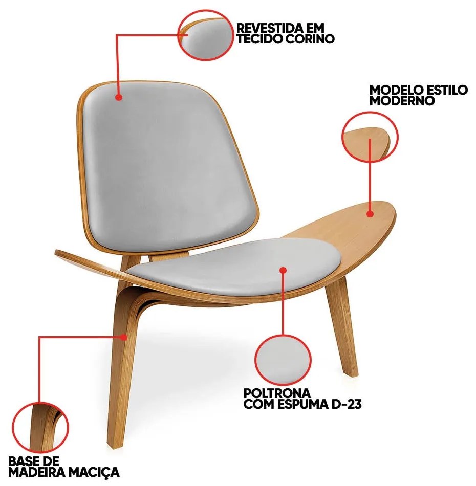Poltrona Decorativa Base de Madeira Shell Sintético P01 - D'Rossi - Cinza