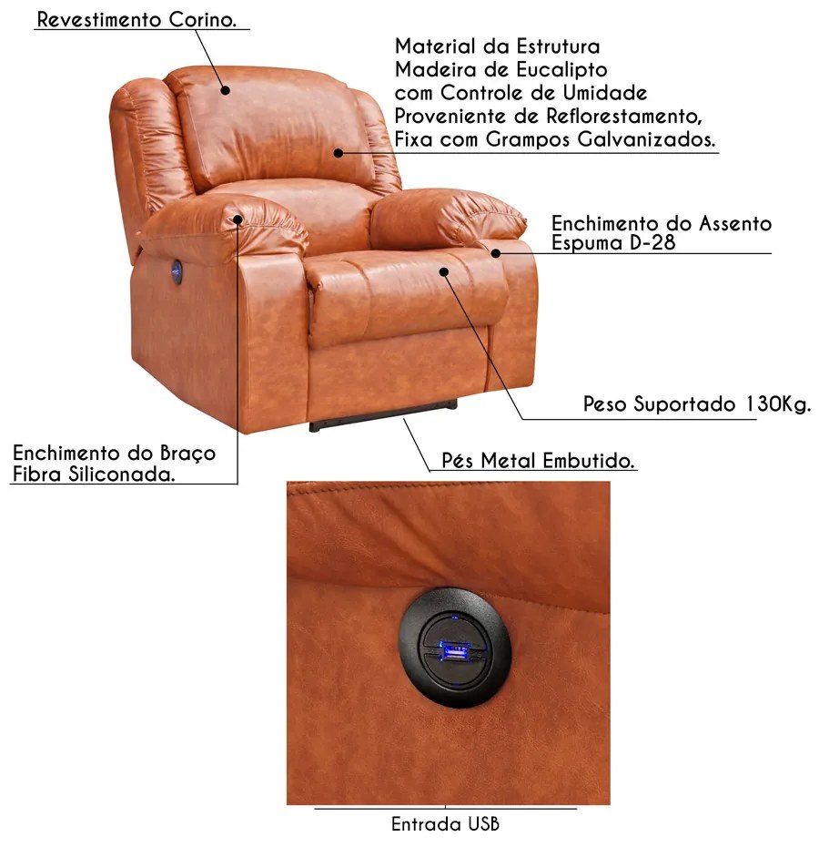Poltrona do Papai Reclinável Elétrica com Entrada USB Magnum PU Sintético Caramelo G23 - Gran Belo