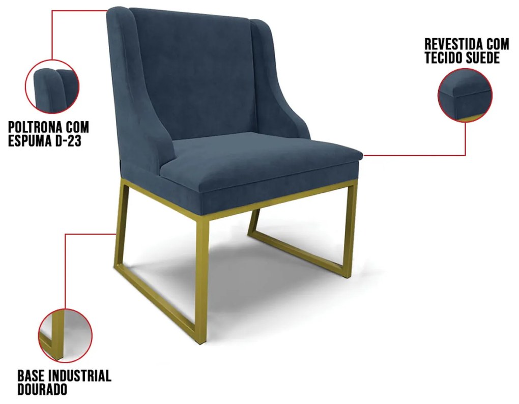 Cadeira Sala de Jantar Industrial Dourado Kit 10 Liz Suede D03 - D'Rossi - Azul Marinho