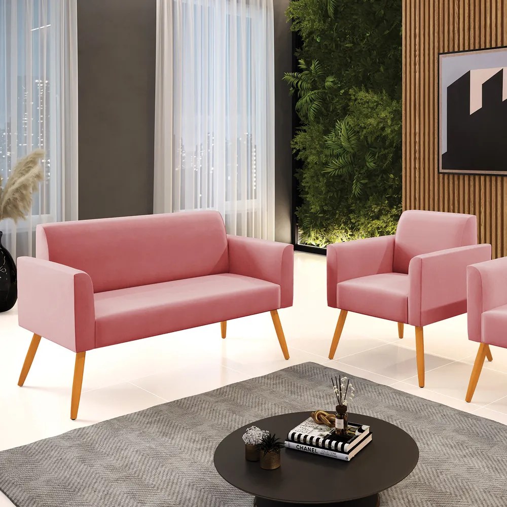 Sofá Namoradeira com Poltrona Pés Palito Castanho Marisa Suede D03 - D'Rossi - Rose