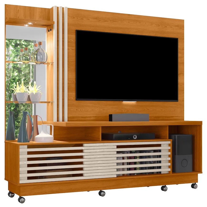 Estante de TV 60 Pol 200cm com Rodízio Sala de Estar Lumari Cinamomo/Off White M20 - D'Rossi