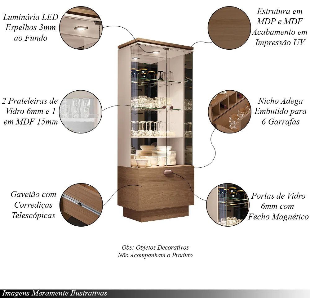 Cristaleira Decorativa Aura com LED Portas de Vidro Nicho Adega Castanho/Off White G26 - HB Móveis