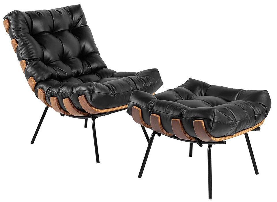 Poltrona e Puff Costela Couro Legítimo Base Industrial Preto M11 - D'Rossi - Marrom