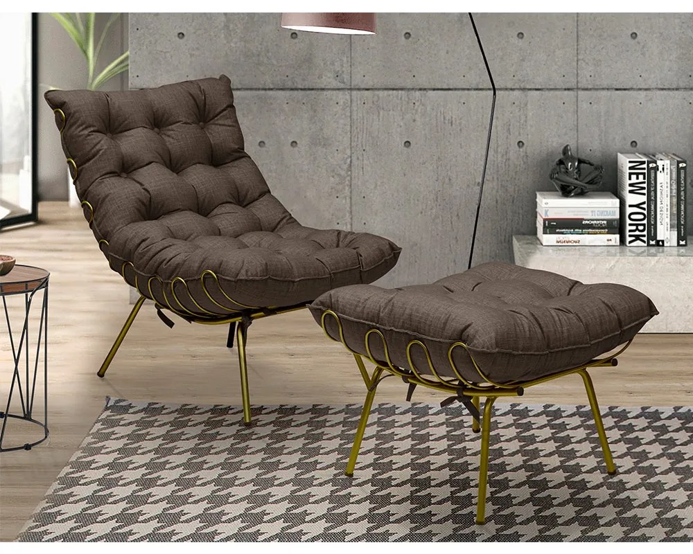 Puff Decorativo Sala de Estar Abel Pés Dourado Linho Marrom G41 - Gran Belo