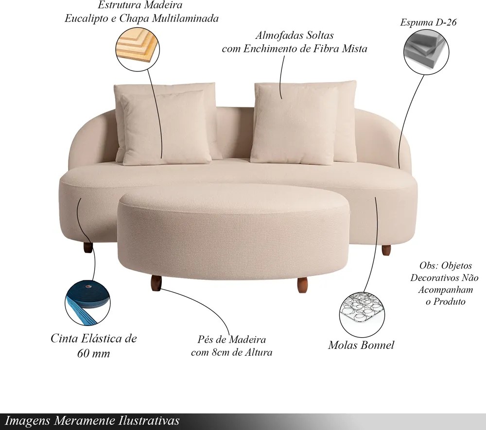 Sofá Living Sala de Estar Rocca 192cm com Puff Pés Madeira Linho Rústico Nude G92 - Gran Belo