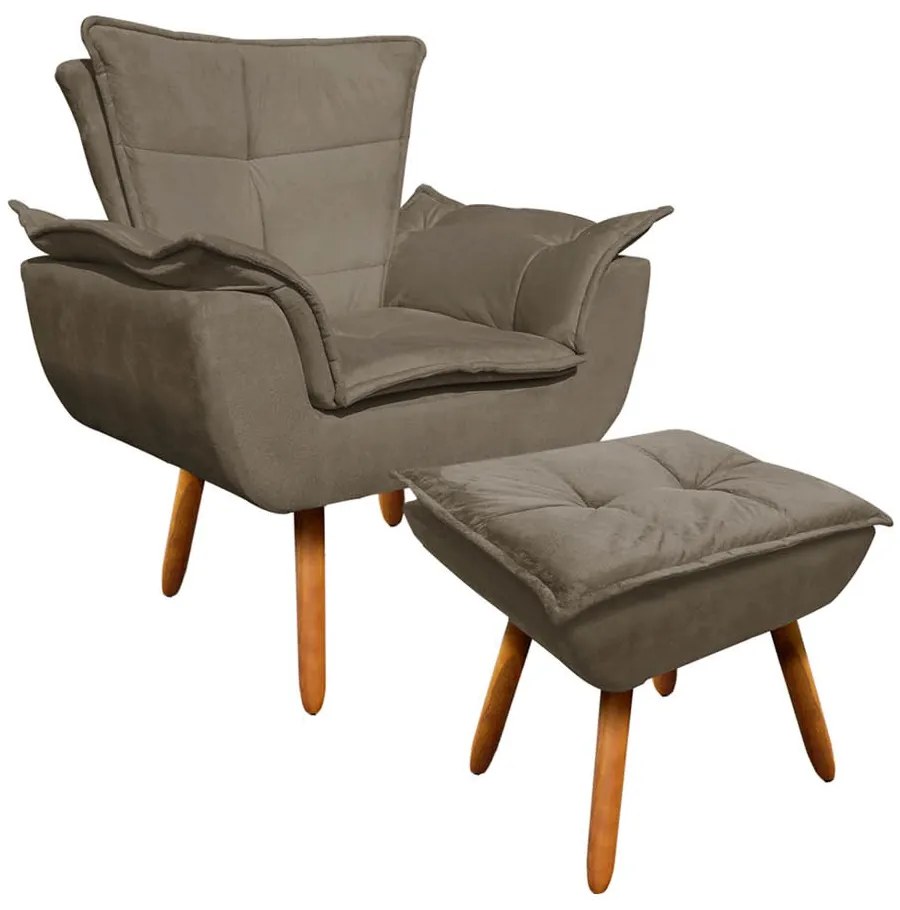 Poltrona e Puff Decorativo Pé Palito de Madeira Opala Suede D03 - D'Rossi - Marrom Rato