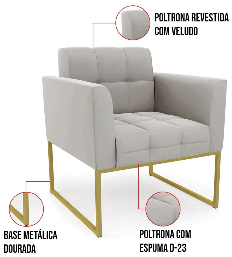 Kit 1 Sofá Namoradeira e 1 Poltrona Elisa Veludo Base Metálica Industrial Dourado D03 - D'Rossi - Cinza