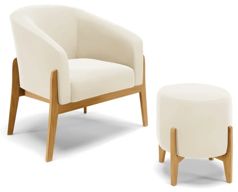Poltrona com Puff Base de Madeira Stella Veludo D03 - D'Rossi - Bege