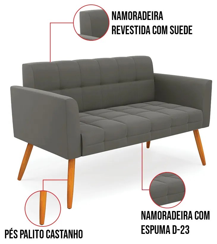 Kit 1 Sofá Namoradeira e 2 Poltronas Elisa Suede Pés Palito Castanho D03 - D'Rossi - Grafite