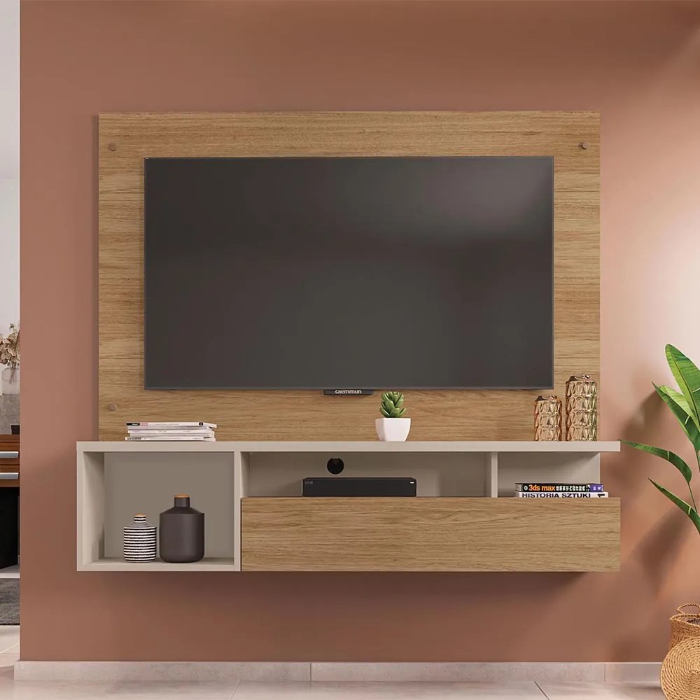 Painel TV 55 Pol 136cm Bancada Suspensa Sala Layanne Buriti/Off White C01 - D'Rossi