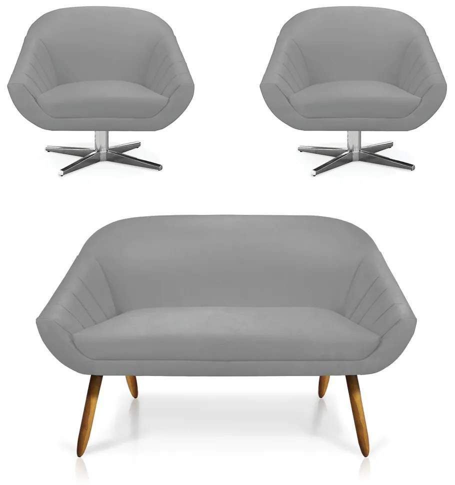 Kit 01 Namoradeira 02 Lugares e 02 Poltronas Giratória Giovana Suede Base Cromada - D'Rossi - Cinza