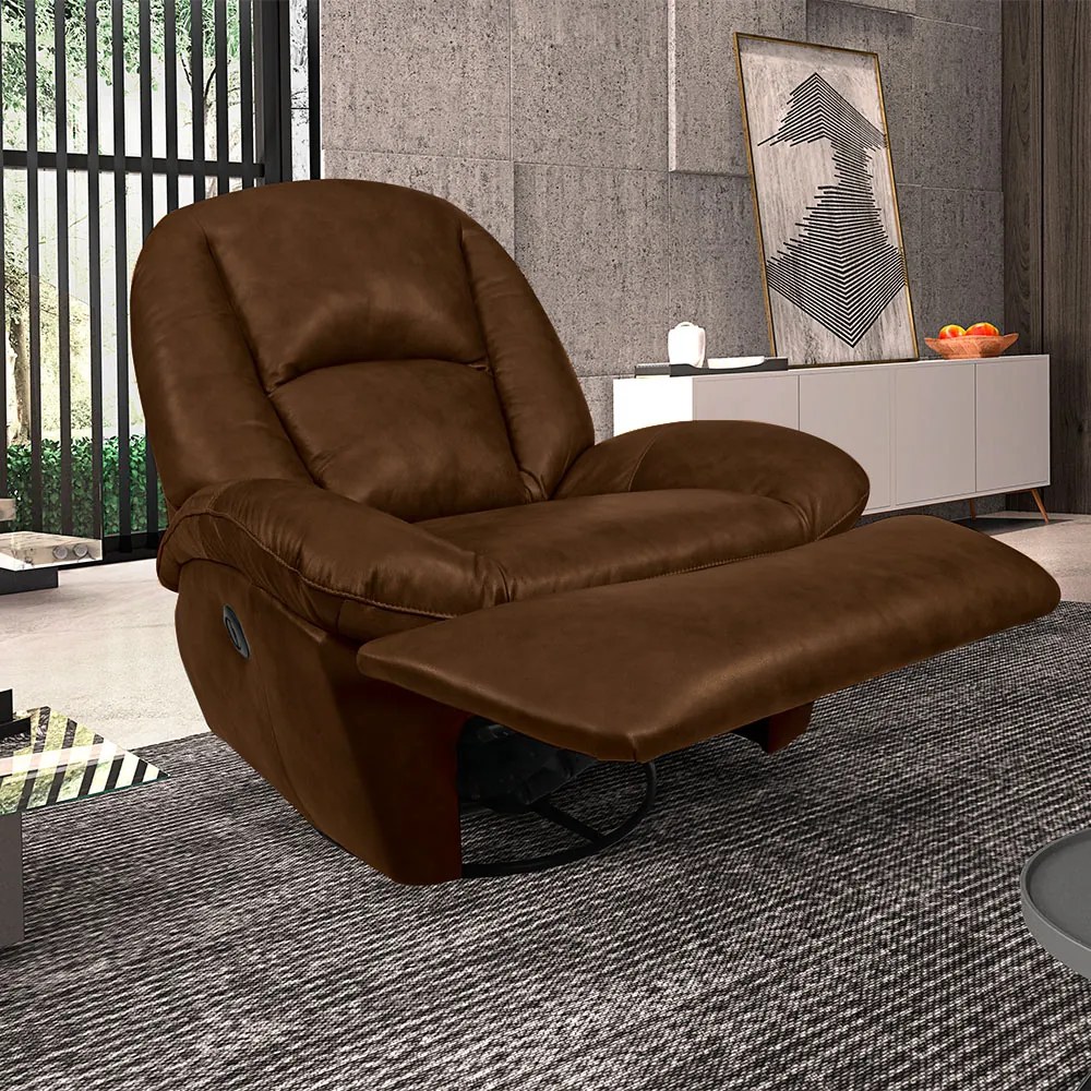 Poltrona do Papai Sala de Cinema Reclinável Carrie Manual Glider Giratória Couro Manchado Marrom Chocolate G40 - Gran Belo
