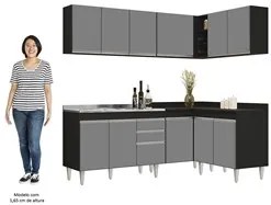 Armário de Cozinha Modulado de Canto 6 Peças CP30 com Pia Inox Preto/C