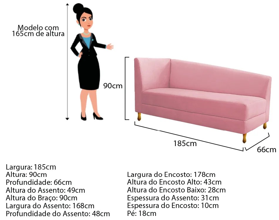 Recamier Valéria 185cm Lado Esquerdo Suede Rosa Bebê - ADJ Decor
