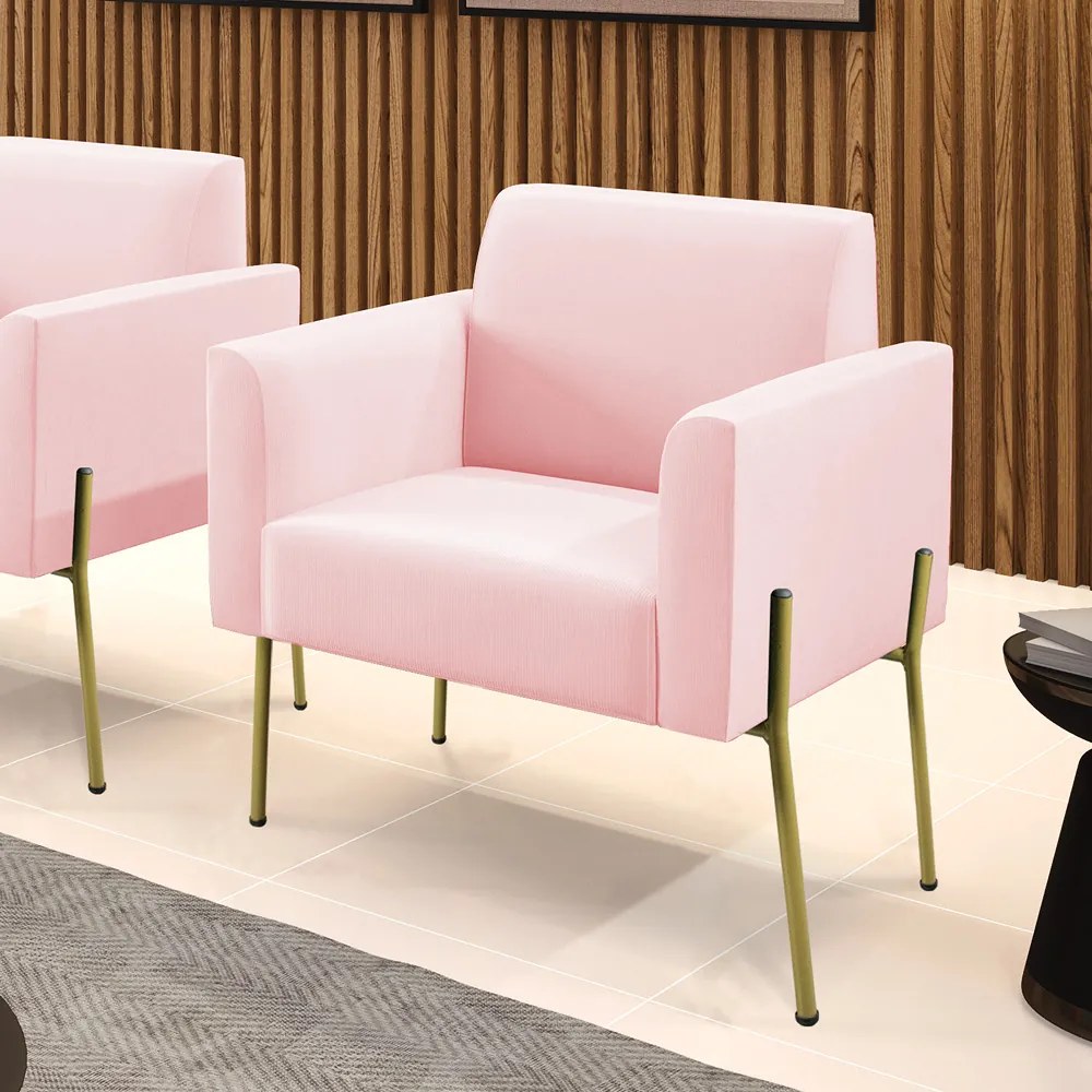 Poltrona Pé de Ferro Dourado Decorativa Marisa Suede D03 - D'Rossi - Rosa Bebê