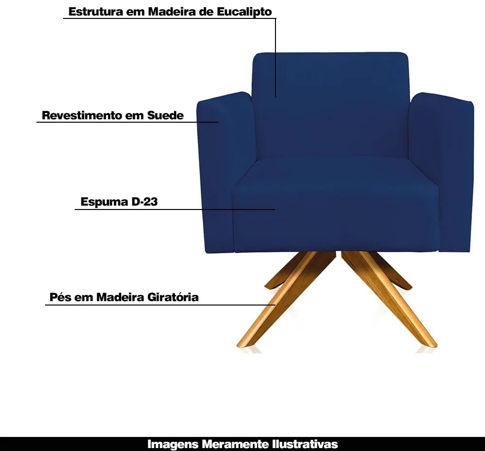 Kit 02 Poltronas Decorativas Isabella Base Giratória Madeira Suede Azul Marinho G19 - Gran Belo