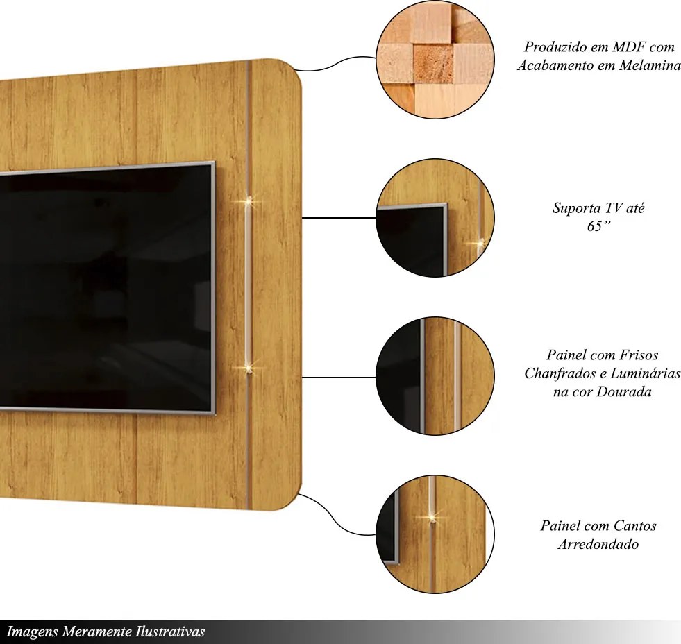 Painel Decorativo Deep TV até 65" Luminárias Douradas Cedro G18 - Gran Belo