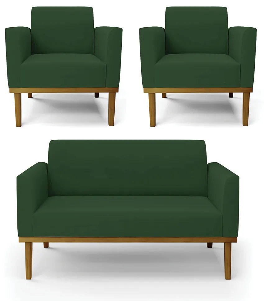 Conjunto 2 Poltronas e 1 Namoradeira Decorativa Isabella Pés Fixo em Madeira Castanho Veludo Verde Esmeralda G19 - Gran Belo