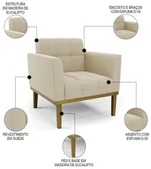Sofá Namoradeira e 2 Poltronas Base Madeira Castanho Ana Suede Bege -